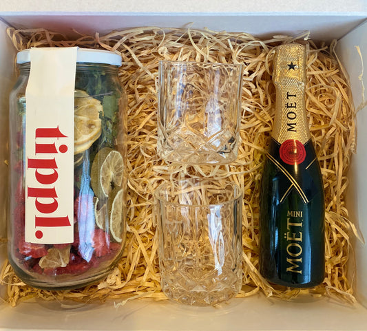Mini moet, Tippl jar of infused herbs and fruits, 2 glass tumblers, all packaged in a beautiful magnetic box with ribbons and personalized message, Gratefully gifted Christchurch new zealand 