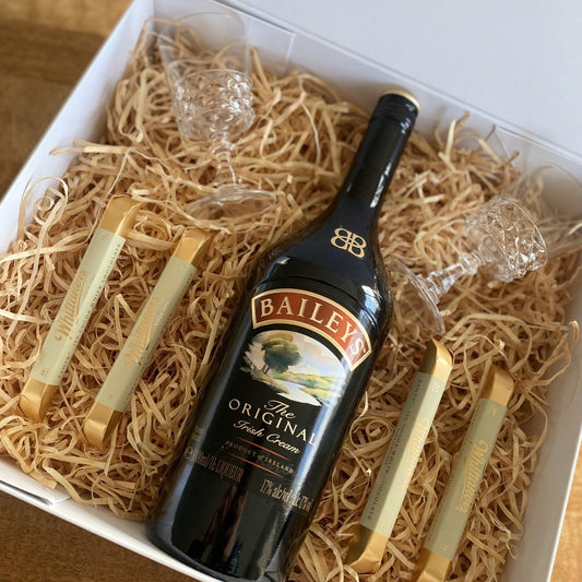 Full 1ltr baileys irish cream, 4x whittaker sante bars, 2x glass goblets  all packaged in a beautiful magnetic box with ribbons and personalized message, Gratefully gifted Christchurch new zealand 