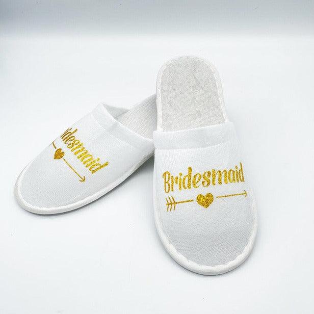 slippers  with gold stitching reading "bridesmaid", Gratefully gifted Christchurch  new zealand