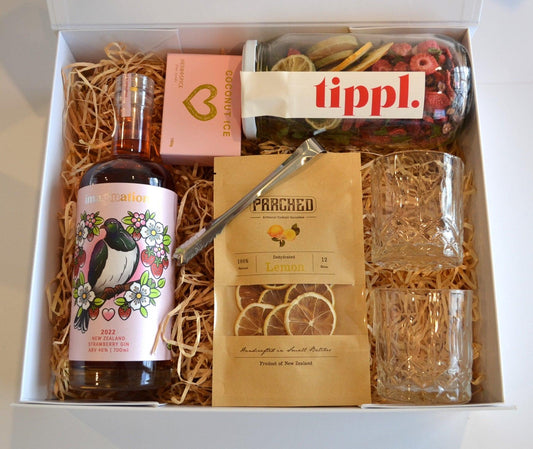 Imagination strawberry gin, coconut ice candy, tippl infused jar, parched dried lemon slices, ice tongs, glass tumblers x2, all packaged in a beautiful magnetic box with ribbons and personalized message, Gratefully gifted Christchurch new zealand