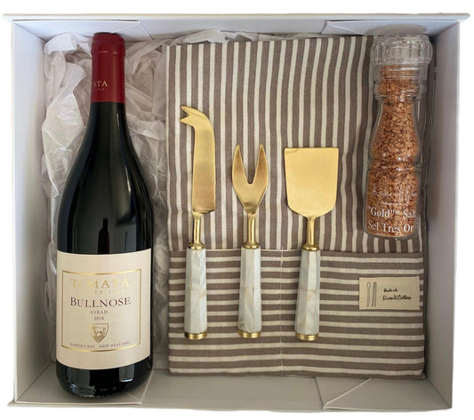 3set gold vintage cheese knives, gold salt shaker, kitchen apron, bullnose Syrah wine. all packaged in a beautiful magnetic box with ribbons and personalized message.Gratefully gifted Christchurch new zealand 