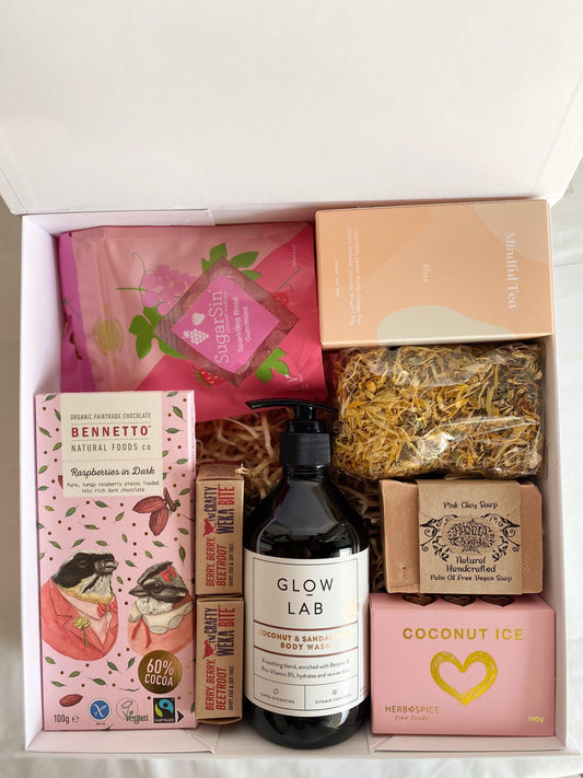 Watermelon mojito gummies, Mindful tea and strainer, panna vegan soap, coconut ice candy, x2 crafty weka mini bites, Bennetto raspberry dark chocolate, Glow lab handwash. all packaged in a beautiful magnetic box with ribbons and personalized message.gratefully gifted Christchurch new zealand 
