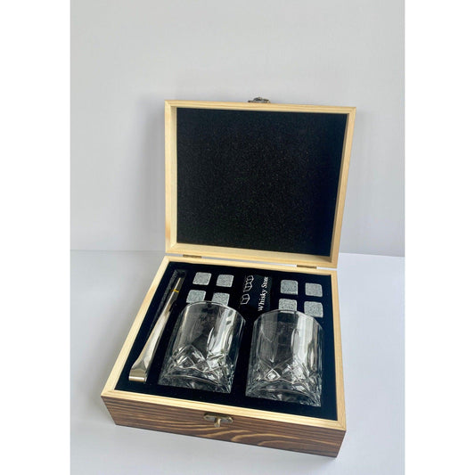 whiskey rocks set containing 8 stone rocks to keep your drinks cold, 2x glass tumblers, silver ice tongs all packaged in a distressed wooden hinged box,  Gratefully gifted Christchurch new zealand