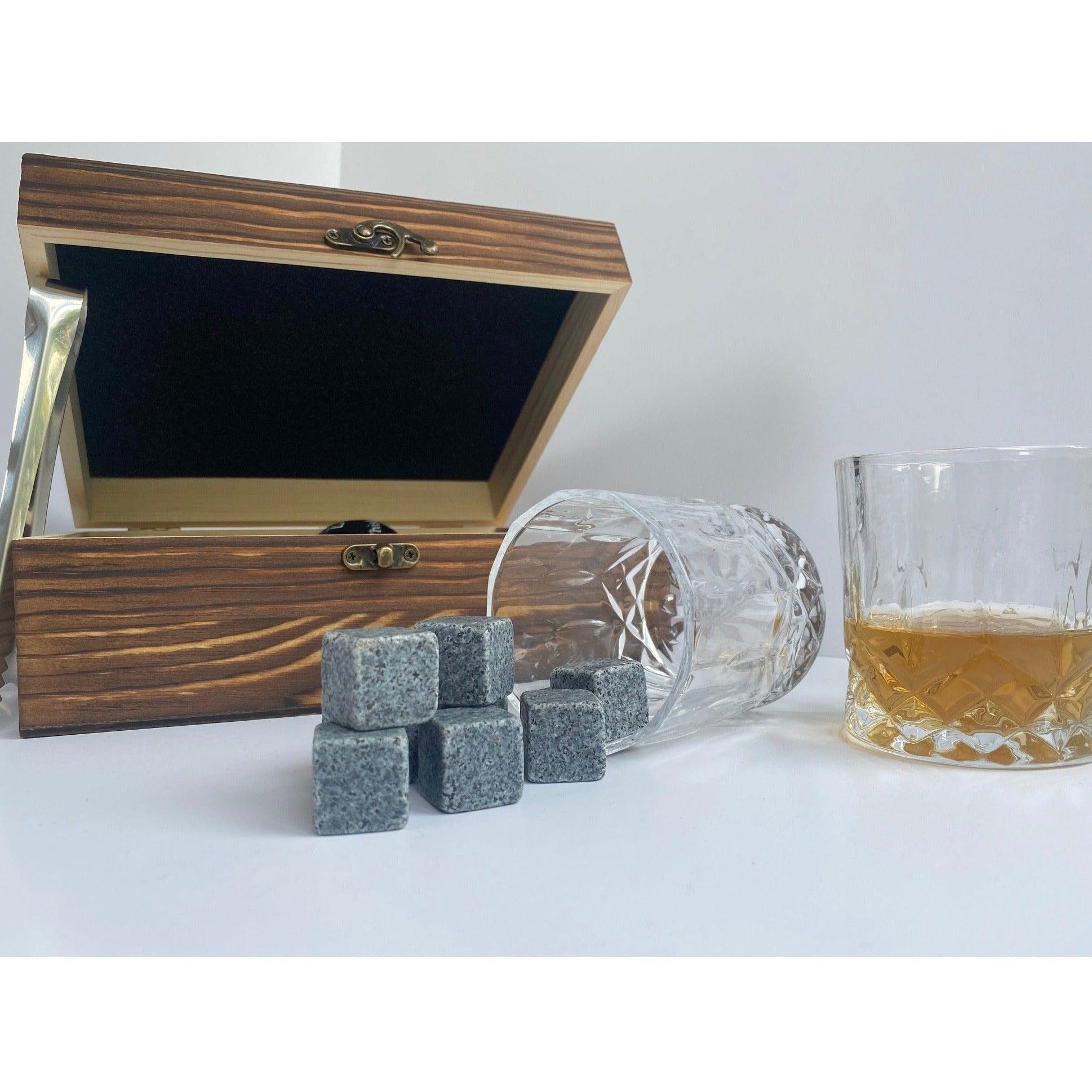 whiskey rocks set containing 8 stone rocks to keep your drinks cold, 2x glass tumblers, silver ice tongs all packaged in a distressed wooden hinged box,  Gratefully gifted Christchurch new zealand